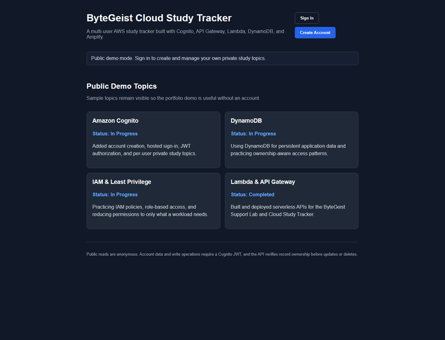 AWS Cloud Study Tracker &mdash; live app screenshot